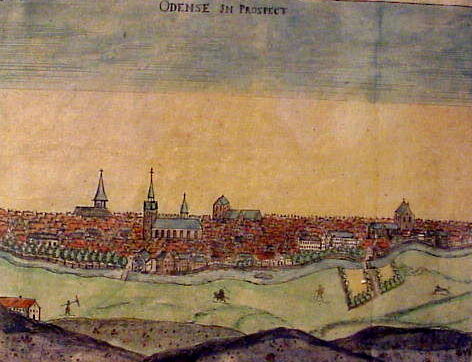 Kobberstik og gravering af Erico Pontoppidano, senere farvelagt "Odense in Prospect" . Theatrum Daniae veteris et moderne 1730