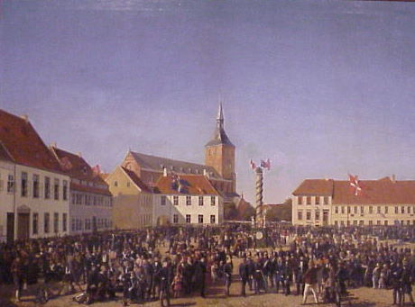 August Frederik Behrends 81821-1904) De svenske Troppers Modtagelse paa Albani Torv i Odense, 1848, 1853