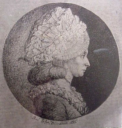 Etatsrådinde Johanne Marie Lindegaard (1763-1838), H.C. Andersens værtinde på Lykkesholm. Foto efter tegning 1785 (P.Ipsen). Set i H.C. Andersens Hus 2002.