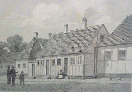 H.C. Andersens Barndomshjem i Munkemøllestræde i Odense. Træsnit i "Søndags-Posten 4. april 1875.