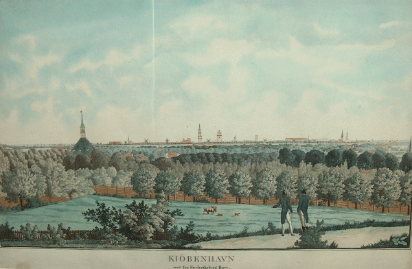 København set fra Frederiksberg Have ca. 1820. Farvelagt radering af ukendt kunstner. Foto Lars Bjørnsten