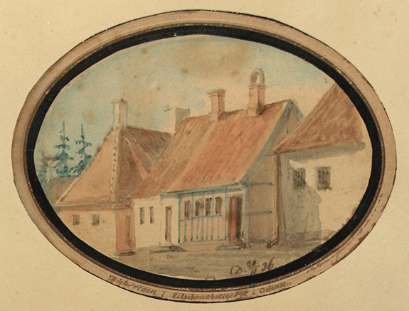 Barndomshjemmet i Munkemøllestræde i Odense. Akvarel af H.J.T. Hanck 1836.