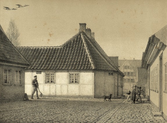 Litografi af H.C. Andersens Hus.1867. Hans Jensens Stræde. H.C. Andersens Hus. Kilde: Odense Bys Museer