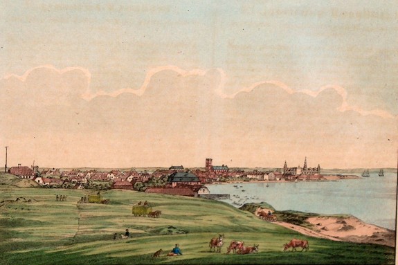 Helsingør. Farvelagt kobberstik af H.G. Holm, 1830'erne. Foto Lars Bjørnsten Odense