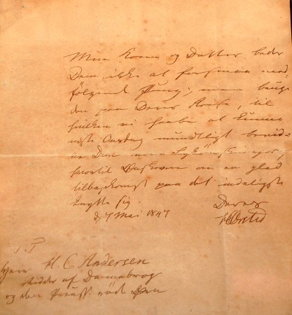 Brev fra H.C. Ørsted til H.C. Andersen 1847. Foto Lars Bjørnsten