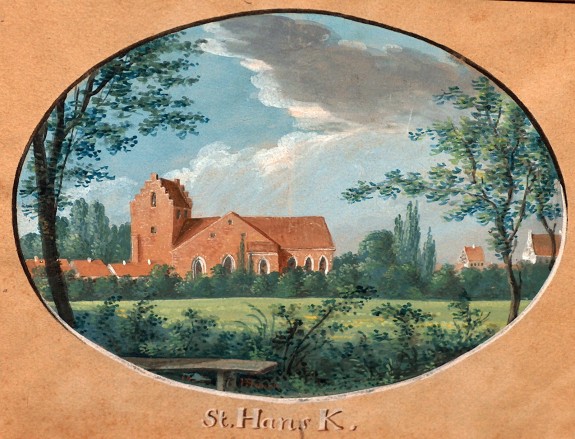 Sanct Hans kirke i Odense er den kirke, hvor H.C. Andersen hjemmedåb blev konfirmeret den 16. april 1805. Gouache af J.H.T. Hanch 1805. 