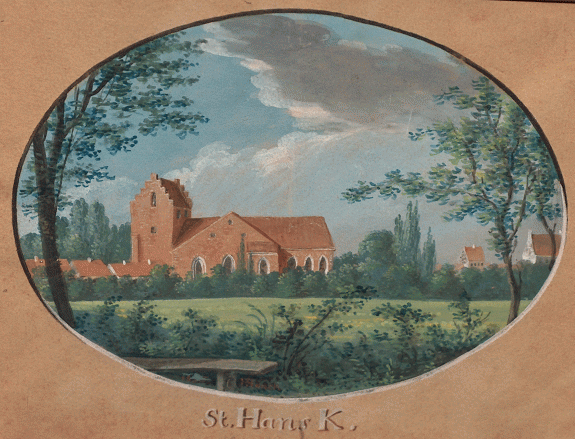 Gouache af J.H.T. Hank af Sct. Hans Kirke i Odense