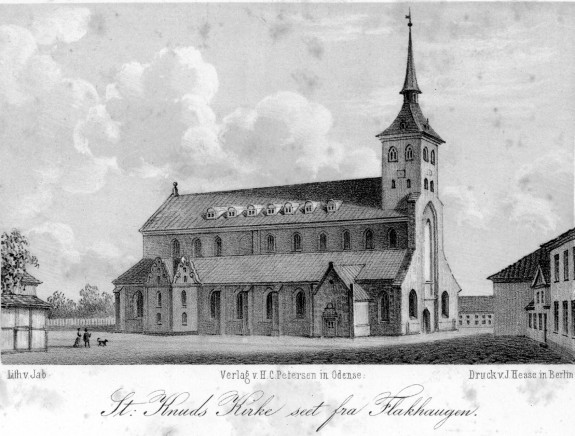 Litografi. Odense. Domkirken, Sct. Knuds Kirke. Flakhaven. ca. 1800.