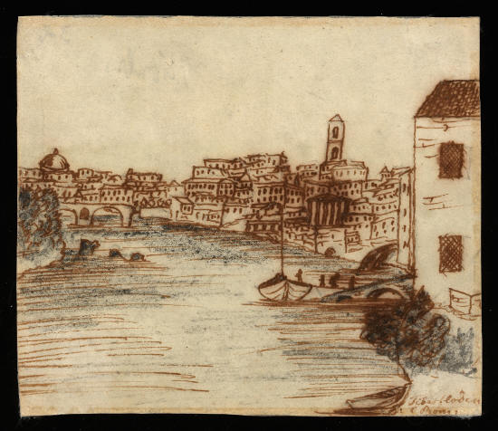 H.C. Andersen tegning af floden Tibern i Rom. Kilde Odense Bys Museer