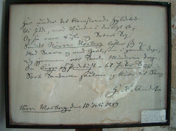 Tavlen befinder sig i det rum "kapellet" hvor H.C. Andersen boede under sit besøg på Nørre Wosborg .  Det er underskrevet "H.C. Andersen Nørre Wosborg den 10 juli 1859" Papiret er ved at gå i opløsning. Foto Lars Bjørnsten Odense 2003