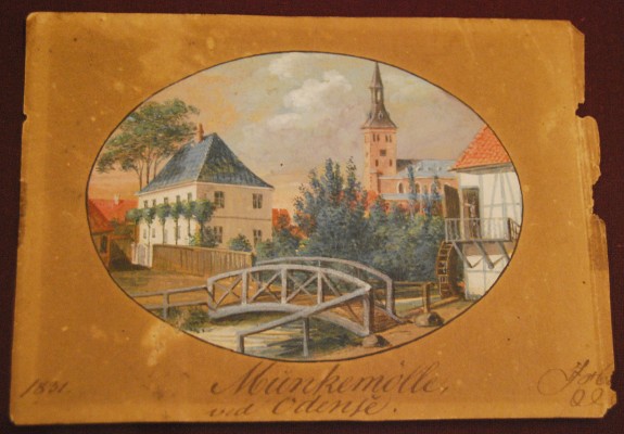 Munke Mølle i Odense for enden af barndommens gade Munkemøllestræde. Akvaral af J.H.T. Hanck 1831. 